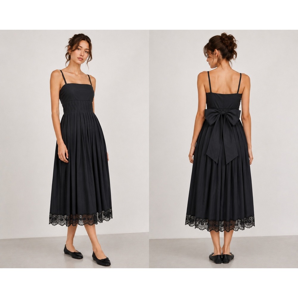 Robert Rodriguez Pleated Lace Hem Midi‎ Dress 6 Black Bow Back Coquette Romantic